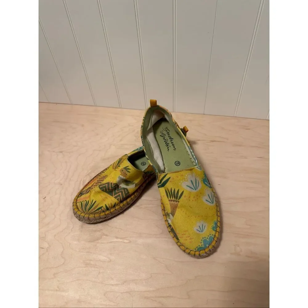 Gudrun Sjoden Yellow Floral Canvas Flats Women Slip-On Espadrilles size 38 (7.5)